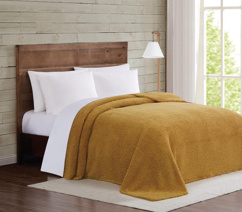 Brooklyn Loom Marshmallow Sherpa Mustard Full/Queen Blanket 100% Polyester Microfiber Plush, Solid Casual Themed, Adult Bedding, Oeko-TEX Certified - Image 1
